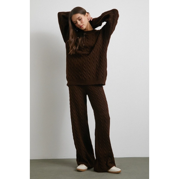 Desenli Şardonlu Triko Takım Kahve