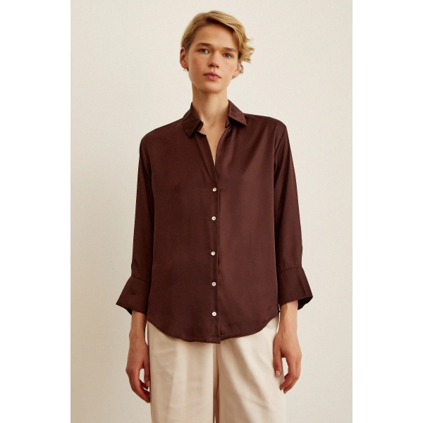 Basic Saten Gömlek Kahve