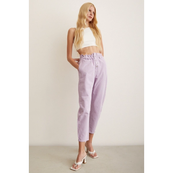 Beli Lastikli Düğme Kapalı Boyfriend Jean Mor