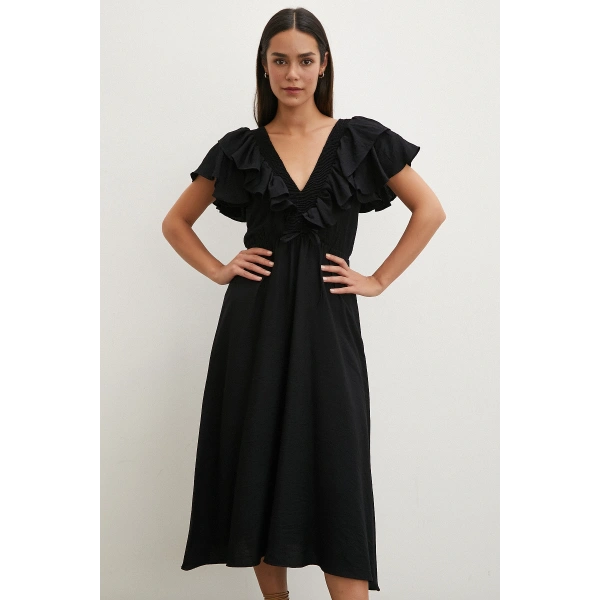 Fırfır Detaylı V Yaka  Gipeli Keten Elbise Siyah