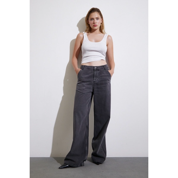 Yüksel Bel Geniş Paça Jean Füme