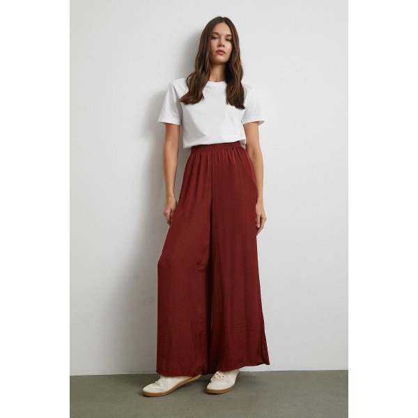 Beli Lastikli Dökümlü Geniş Paça Pantolon Kahve