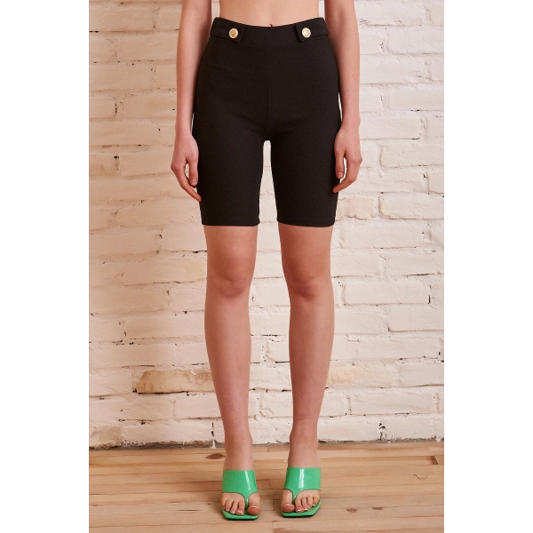 Düğme Detaylı Çelik Şort Siyah