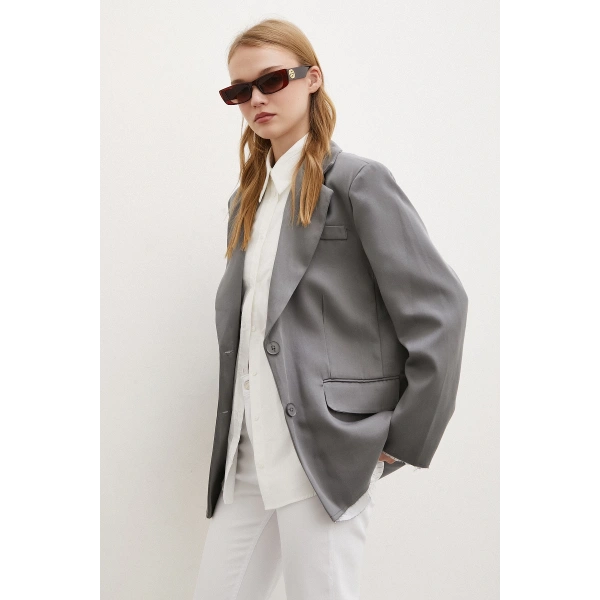 Cep Kapaklı Kesik Detaylı Blazer Ceket Gri