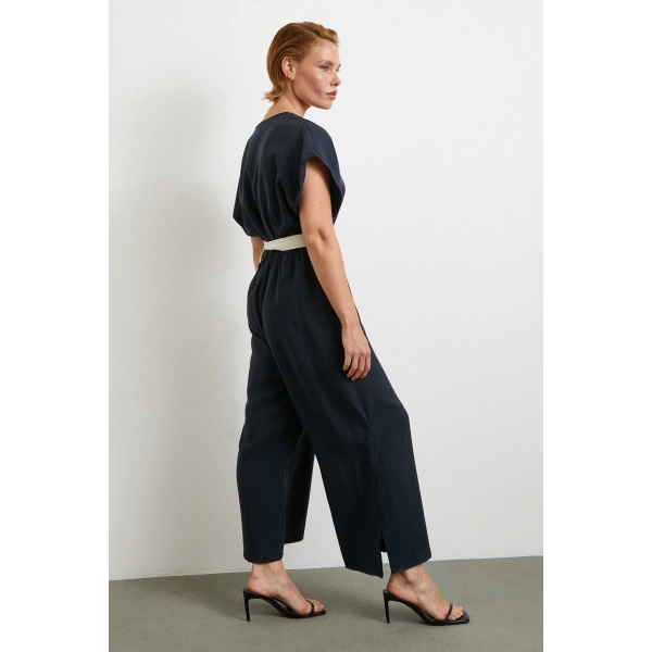 Kemer Detaylı Yarasa Kol Tulum Lacivert