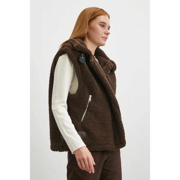 Yaka Detaylı Yumoş Yelek Kahve