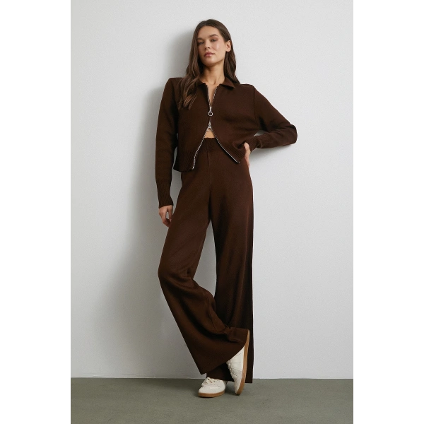 Çift Fermuarlı Hırka Takım Kahve