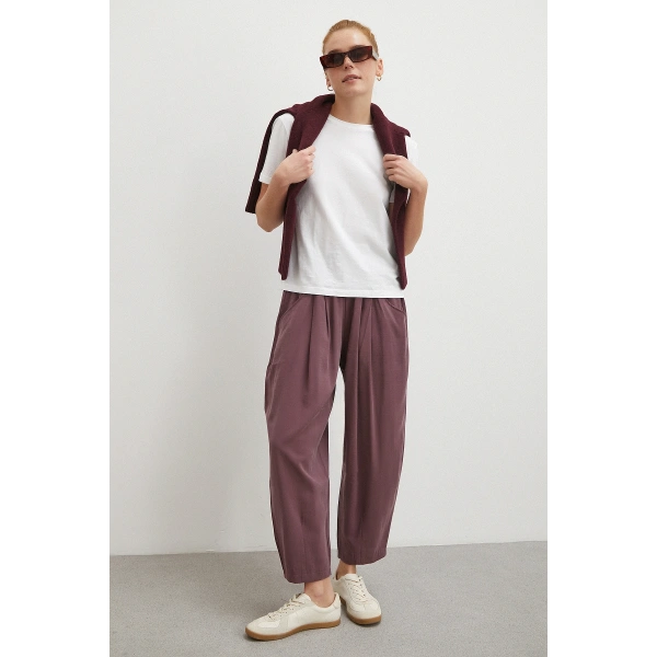 Bağcıklı Beli Lastikli Pileli Pantolon Mürdüm