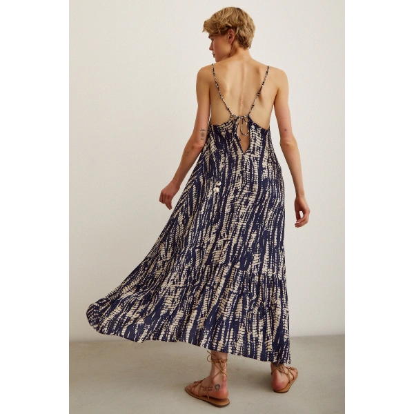 Boncuk Askılı Salaş Elbise Lacivert / Bej