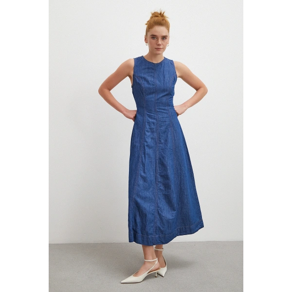 Bisiklet Yaka Kolsuz Premium Uzun Kot Elbise Lacivert