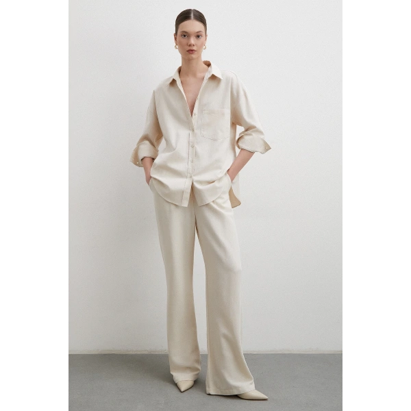 Keten Karışımlı Dökümlü Gömlek Bej