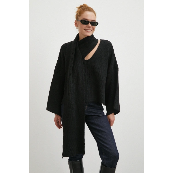 Fitilli Şal Yaka Kazak Siyah