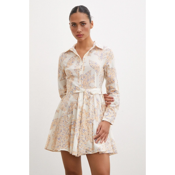 Godeli Desenli Elbise Krem