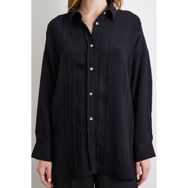 Dantel Detaylı Transparan Pamuklu Gömlek Siyah