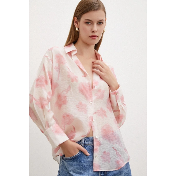 Organze Desenli Tül Gömlek Pembe