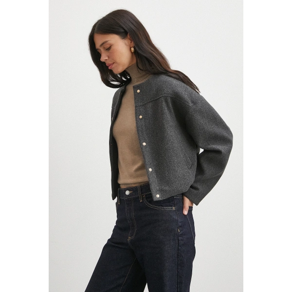 Beli Lastikli Düğmeli Bomber Ceket Antirasit