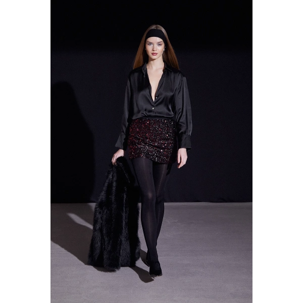 Pul Detaylı Mini Etek Bordo