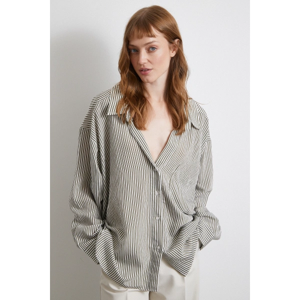 Yarasa Kol Çizgili Gömlek Haki