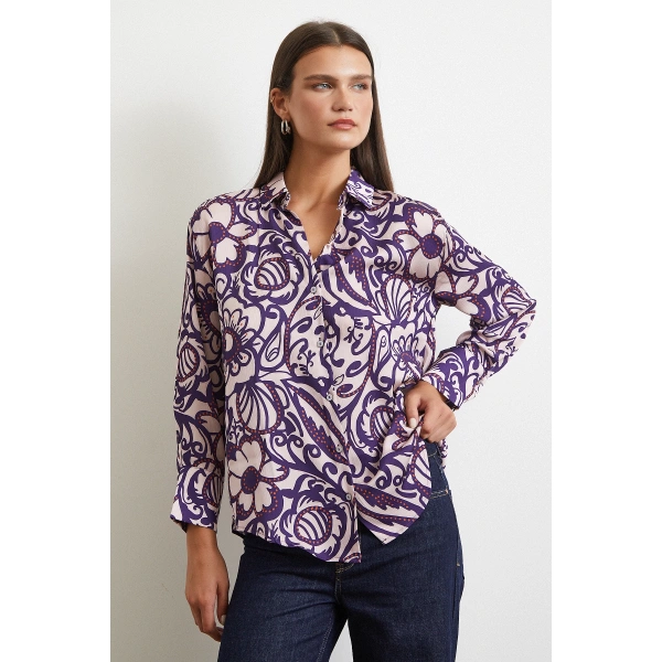 Çiçek Desenli Saten Gömlek Mor