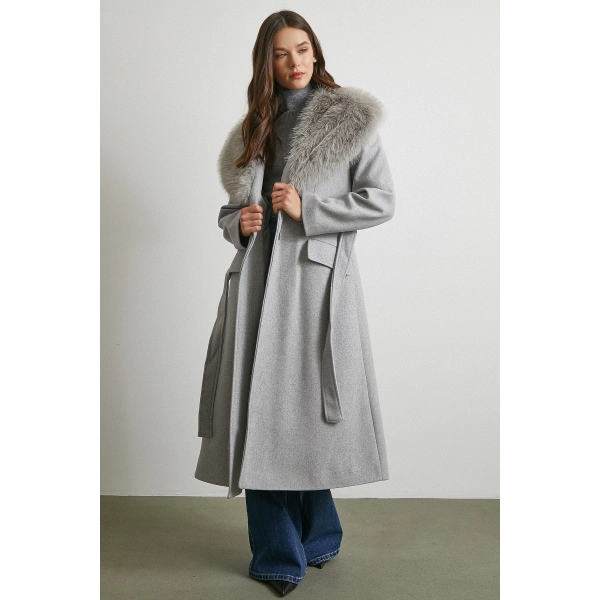 Kürk Yaka Kuşaklı Kaşe Kaban Gri