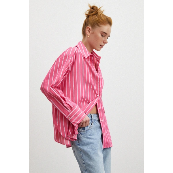 Çizgili Poplin Gömlek Pembe