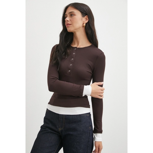 Garnili Çıtçıtlı Bluz Kahve