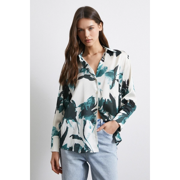 Saten Yüzeyli Desenli Gömlek Yeşil