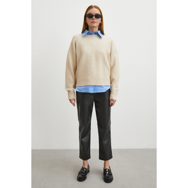 Kemerli Lastikli Deri Pantolon Siyah