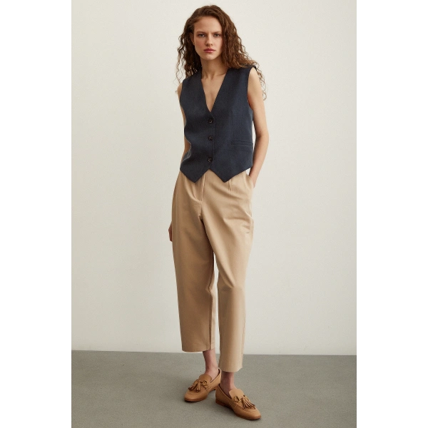 Önü Çift Pileli Pantolon Bej