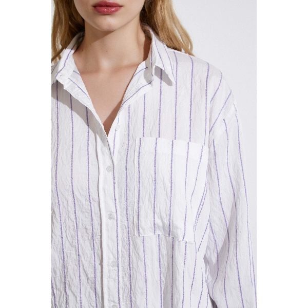 Çizgili Cepli Gömlek Mor