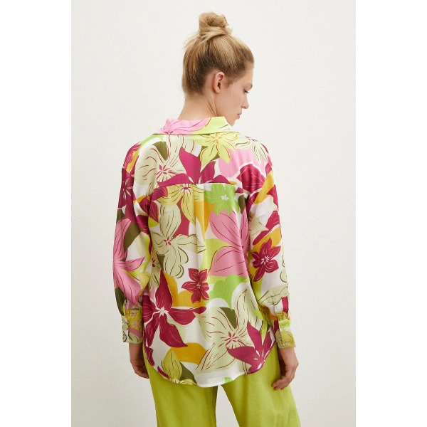 Çiçek Desen Saten Gömlek Pembe