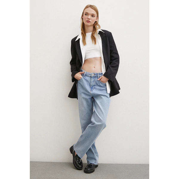 Kesik Paça Yüksek Bel Jean Buz Mavisi