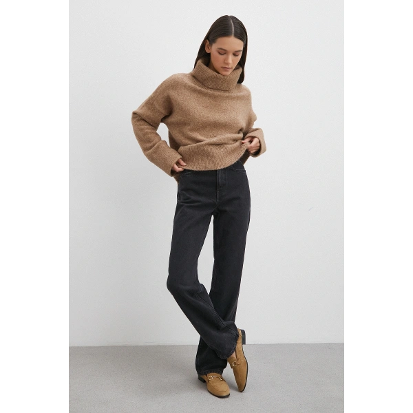 Yüksek Bel Boru Paça Jean Siyah