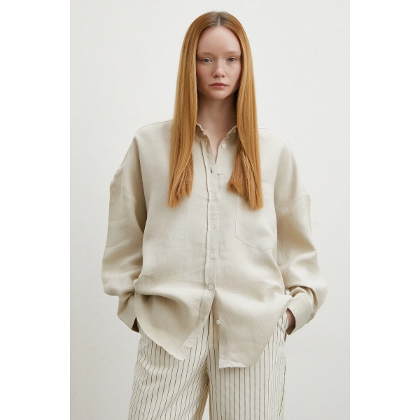 Robalı Cepli Keten Gömlek Taş