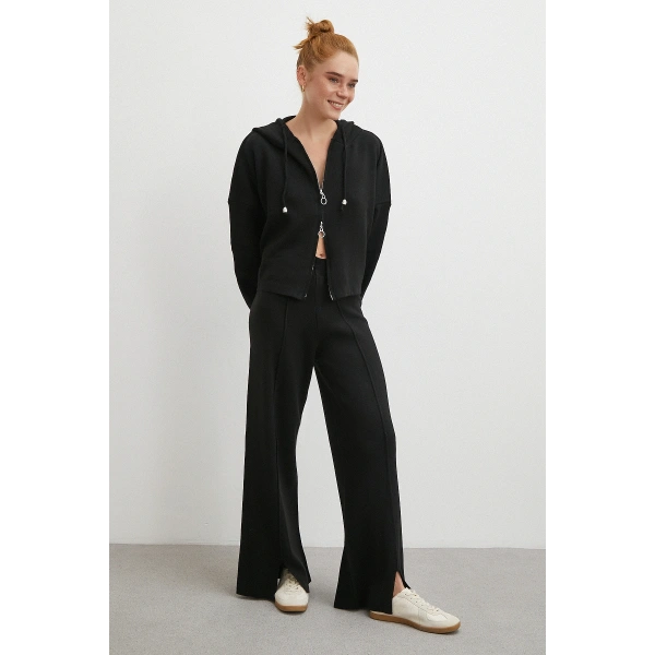Çift Fermuarlı Kapüşonlu Pantolonlu Takım Siyah