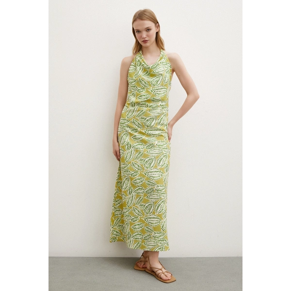 Degaje Yaka Maxi Elbise Yeşil