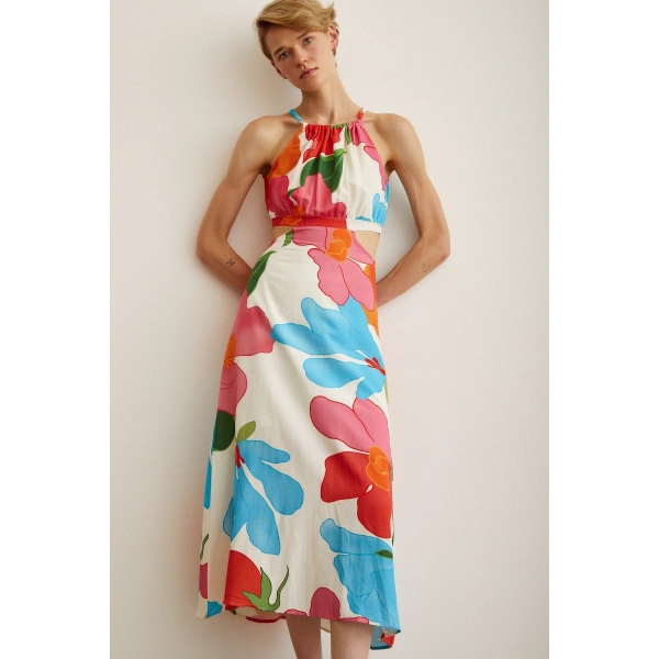 Yanları Dekolteli Askılı Desenli Elbise Mavi