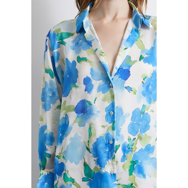 Çok Renkli Çiçek Desenli Gömlek Lacivert