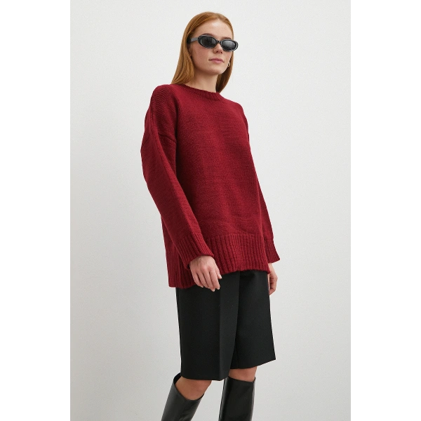 Bisiklet Yaka Fitilli Triko Kazak Bordo