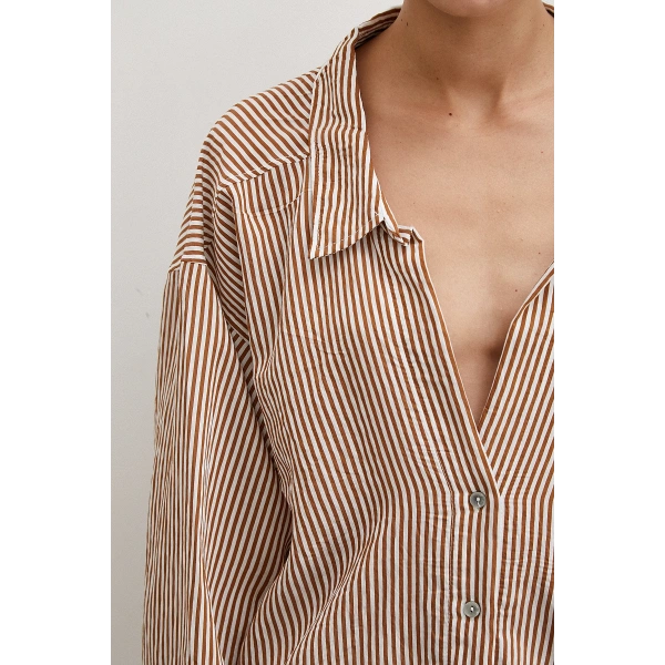 Yarasa Kol Çizgili Gömlek Kahve