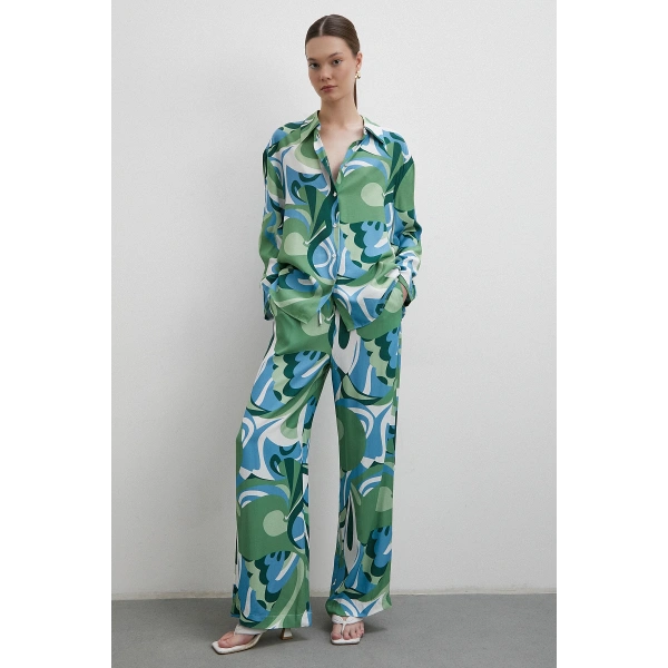 Beli Lastikli Desenli Pantolon Yeşil