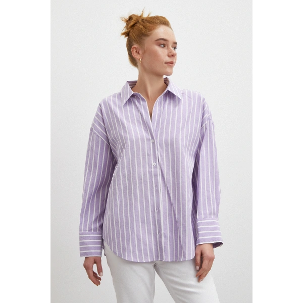 Uzun Kollu Çizgili Gömlek Lila