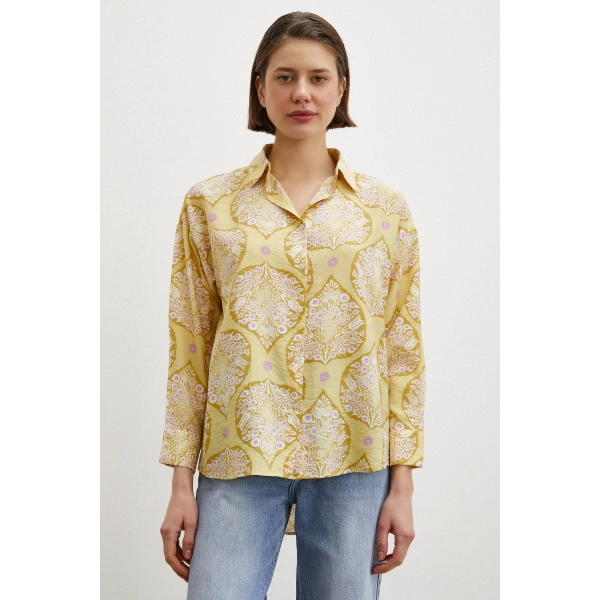 Çini Desenli Modal Gömlek Sarı
