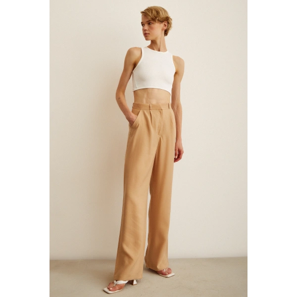 Yüksek Bel Geniş Paça Pantolon Camel