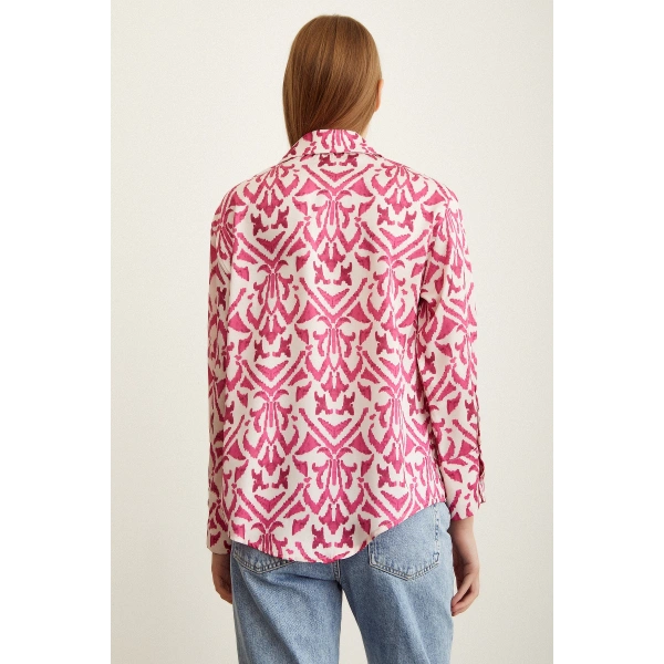 V Yaka Desenli Saten Gömlek Fuşya