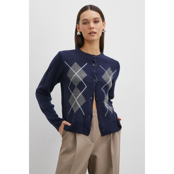 Düğmeli Baklava Desenli Hırka Lacivert