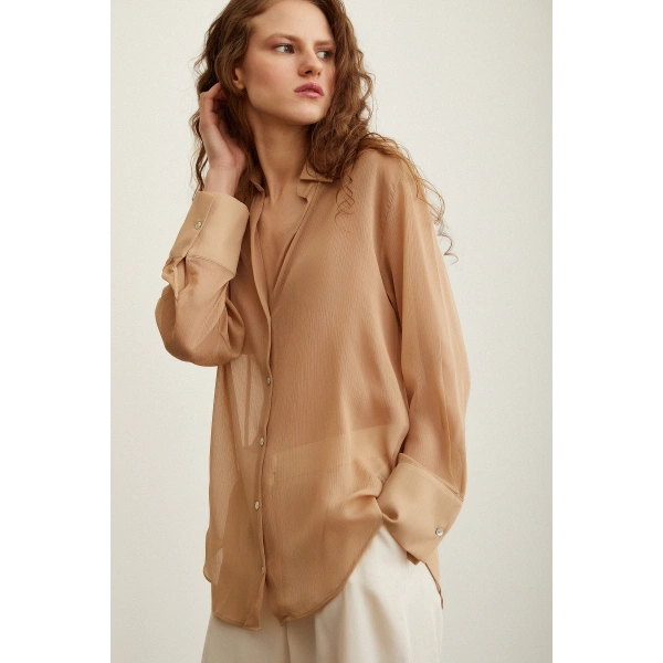 V Yaka Tül Gömlek Nude