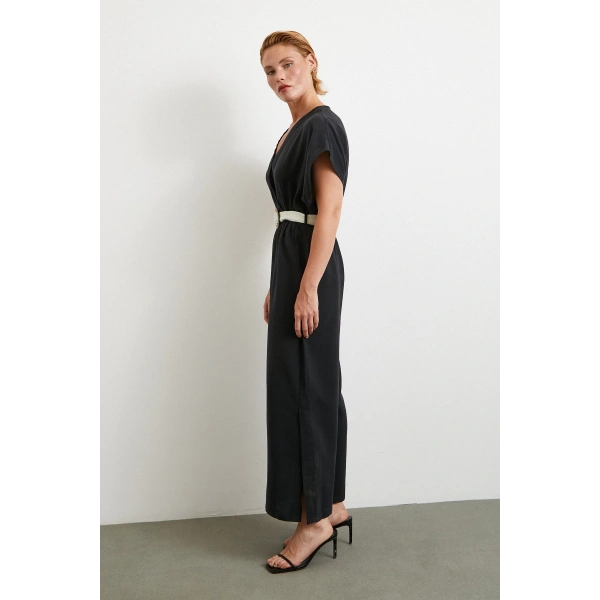 Kemer Detaylı Yarasa Kol Tulum Siyah