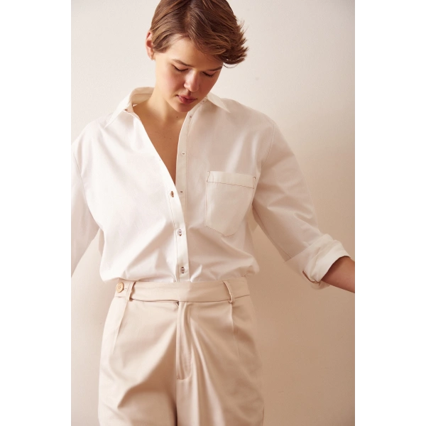 Pamuklu Klasik Gömlek Ekru