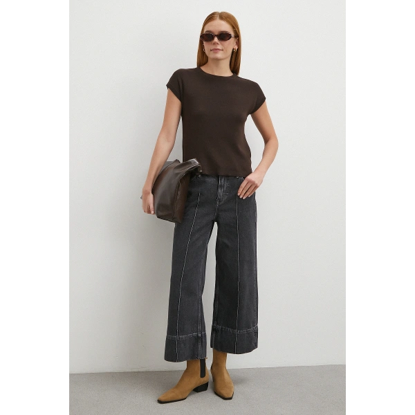 Yüksek Bel Paça Detaylı Jean Füme